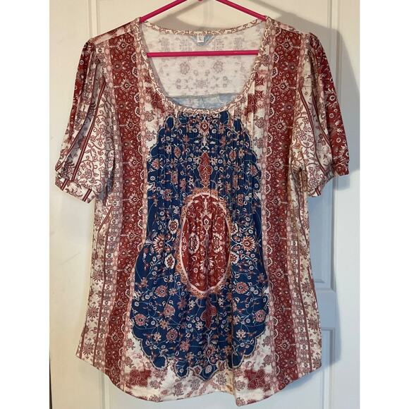 Unbranded Tops - Unbranded Multi Color Short Sleeve Bohemian Pleated Front Top L